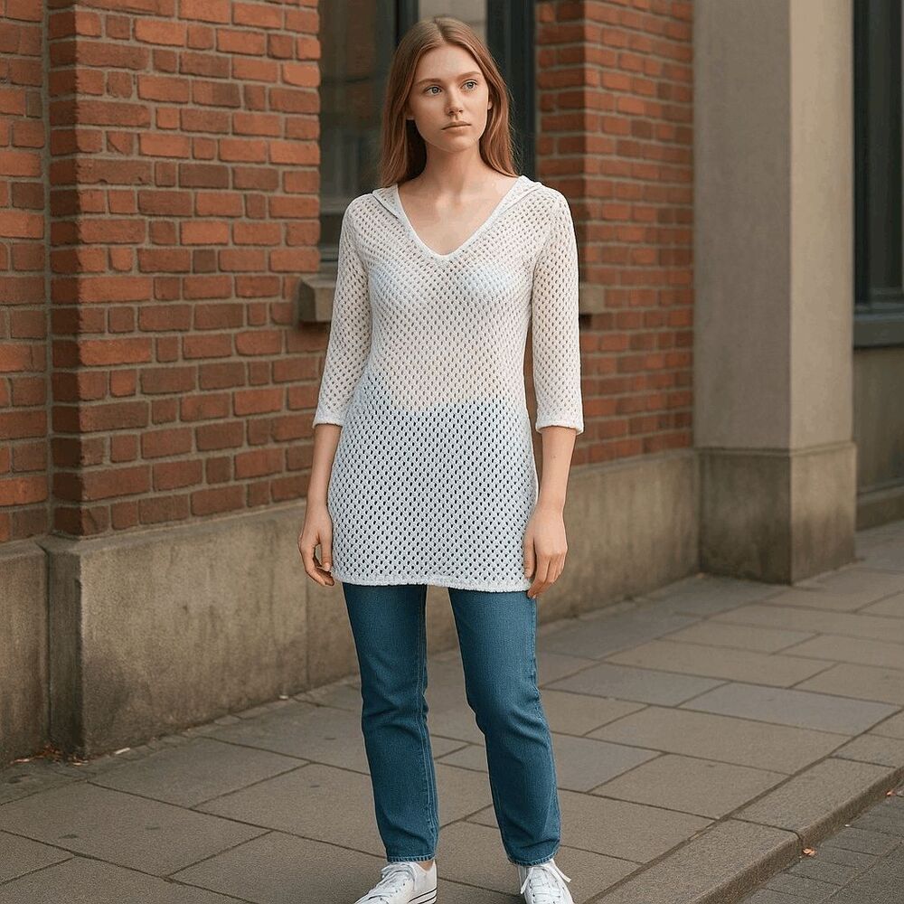 Alexa & Stella Crochet Knit Coverup White Hoodie Pullover Mini‎ Beachy Trendy